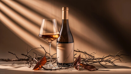 An Artistic Composition with a Glass and Bottle of Wine in a Still Life.