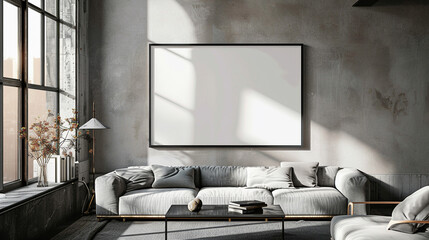 A minimalist living room ambiance accentuated by the presence of a striking poster frame.