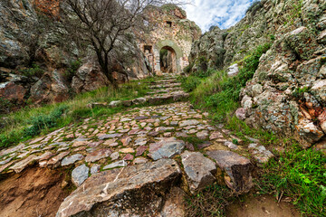 Main entrance of the ruins of the Black Cliffs Castle in Mora. Toledo. Spain. Europe.