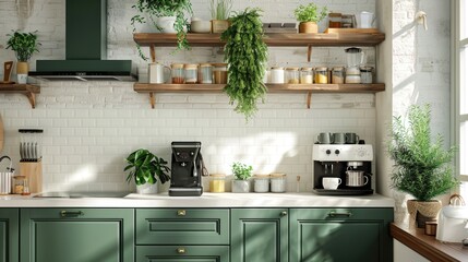 realistic photo of U kitchen in classic style, white tiles, pine green cabinets, 
