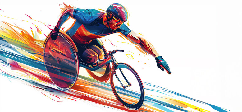 A dynamic digital illustration of a Paralympic cyclist, wearing vibrant gear and riding on a white background, with bold lines and energetic colors, focusing on the face. Paralympic games.