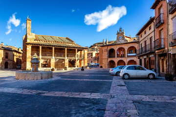 The Main Square, Town Hall and St. Miguel church in Ayllon. Segovia. Spain.