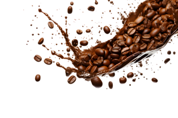 Coffee splash with coffee beans isolated on transparent background