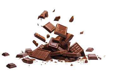 Various pieces of chocolate falling with choc flake in the air isolated on transparent background