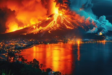 Fototapeta na wymiar Dramatic Volcanic Eruption Overlooking City Lights Reflecting on Water at Night
