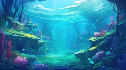 Serene underwater cove with colorful turquoise coral formations and seasonal changes