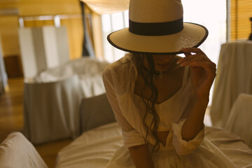 Beautiful tender woman in white dress posing. Beauty, fashion. Haircare. Cosmetics. - 791548177