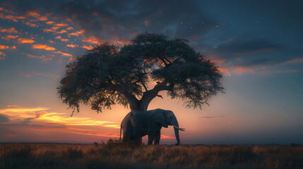 Lonely elephant on tree - obrazy, fototapety, plakaty