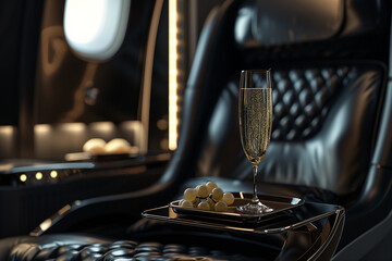 elegant photograph showcasing a luxurious business class seat with a tray table adorned with a glass of champagne, evoking sophistication and comfort in air travel, against a backd