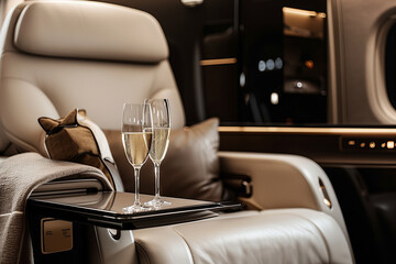 elegant photograph showcasing a luxurious business class seat with a tray table adorned with a glass of champagne, evoking sophistication and comfort in air travel, against a backd