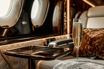opulence of a business class journey with a focus on a champagne glass elegantly served on a tray table beside a plush seat, against the backdrop of refined cabin interiors. - obrazy, fototapety, plakaty