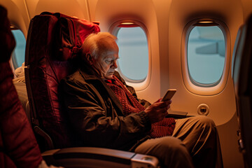 contemporary photograph capturing a man immersed in his mobile device while traveling by plane, highlighting the modern connectivity and convenience of air travel, against the back - obrazy, fototapety, plakaty