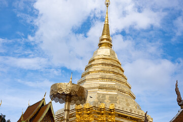 A golden pagoda Wat Phra That Doi Suthep  temple The building is golden. Doi Suthep mountain...
