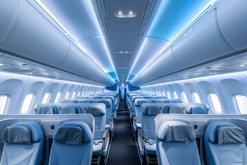 Fototapeta premium spacious photo of the serene ambiance of an empty interior of a passenger aircraft, showcasing the clean and uncluttered cabin layout against the backdrop of the aircraft's fuselag
