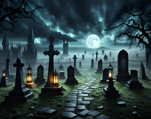 Halloween graveyard with glowing lanterns, spooky landscape and moon. Digital graphics