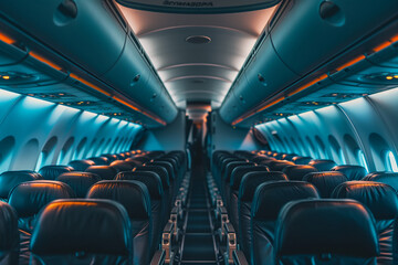 peaceful atmosphere of an empty passenger aircraft interior, with rows of unoccupied seats and spacious aisles, against the backdrop of the aircraft's sleek and modern design.