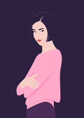 An Asian woman thinks and makes a decision. Problems and their solution. Vector flat illustration