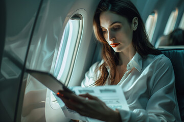 Fototapeta na wymiar businesswoman focused on her tasks, reading documents and working on a digital tablet while traveling by plane, illustrating her dedication to success, against the backdrop of the