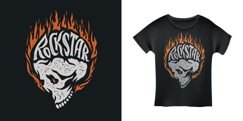 Rockstar skull in flames t-shirt design typography. Creative hand drawn lettering art. Rock related text. Vector vintage illustration.