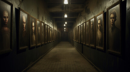 A dimly lit hallway with portraits of long-forgotten ancestors lining the walls, their eyes seeming to follow your every move.
