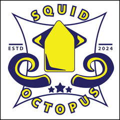 vector illustration design of octopus squid with octopus in yellow and blue colors in simple style. suitable for logos, icons, posters, advertisements, banners, companies, t-shirt designs, stickers.
