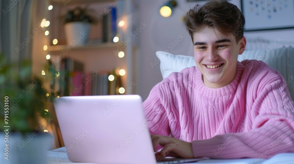 Sticker Young Man Enjoying Laptop Time