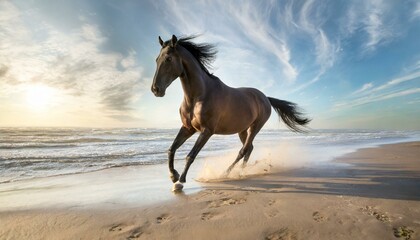 Obraz na płótnie Canvas a beautiful full length horse running on the beach at dawn