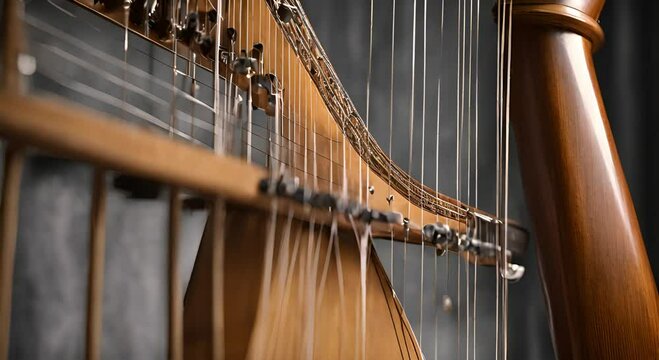 Musical harp instrument with strings in a dark hall