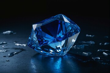 Stunning blue diamond on black reflective surface with shards