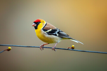 A dainty goldfinch delicately balancing on a thin wire. - obrazy, fototapety, plakaty