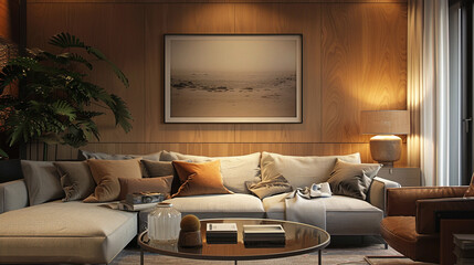 A cozy yet refined living room ambiance accentuated by a sleek poster frame.