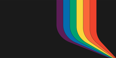 Retro rainbow color striped path horizontal banner. Geometric hippie rainbows perspective flow cover. Vintage hippy abstract spectral iridescent stripes. Trendy minimalism disco style y2k colorful art