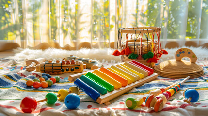 A set of musical baby toys including a xylophone tambourine and maracas arranged on a blanket in a sunny playroom inviting little ones to explore rhythm and sound. - obrazy, fototapety, plakaty