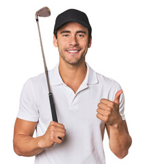 Young Hispanic man with golf club smiling and raising thumb up