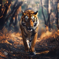 A tiger is walking through a forest. - obrazy, fototapety, plakaty