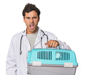 Young Hispanic man as vet with cage screaming very angry and aggressive.