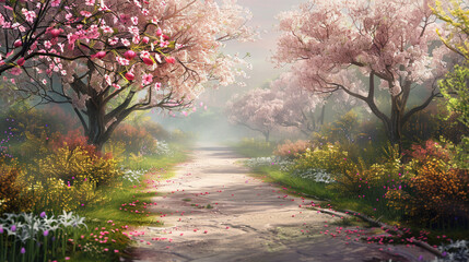 Fototapeta premium Serene Garden Path with Cherry Blossoms, serene garden path lined with blooming cherry blossoms and early summer flowers, inviting a peaceful walk