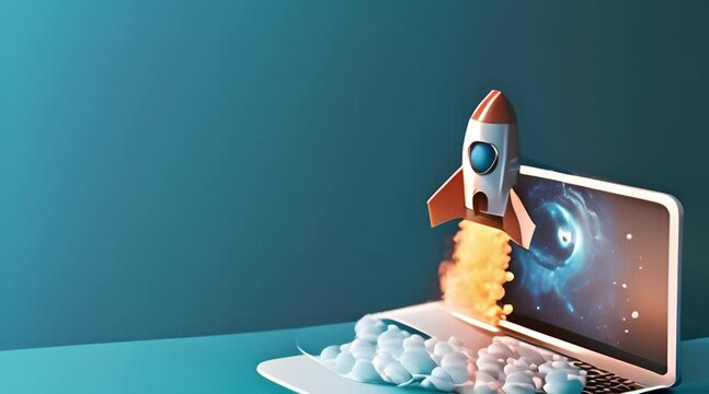 digital illustration of a rocket coming out of a laptop screen