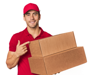 Young Hispanic delivery man with boxes person pointing by hand to a shirt copy space, proud and confident