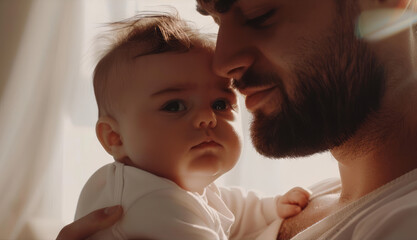 Close up of a new dad holding their young baby. Fatherhood and fathers day concepts