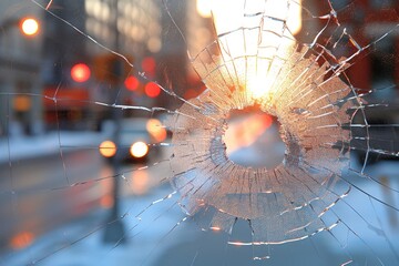 Shattered Window with Frost Covered Glass, City Street Scene, Urban Buildings Background