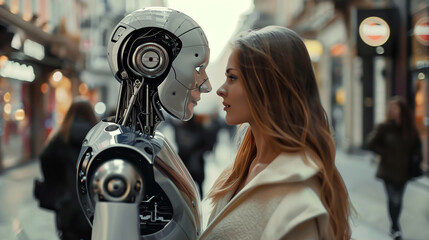 Roboter und Frau stehen sich nah gegenüber - Roboterliebe?