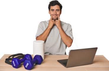 Hispanic trainer planning workout doubting between two options.