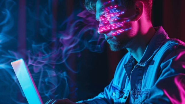 A Man with LED Mask and Laptop - Powered by Adobe