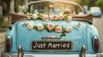 Wedding car with Just Married decorations. 