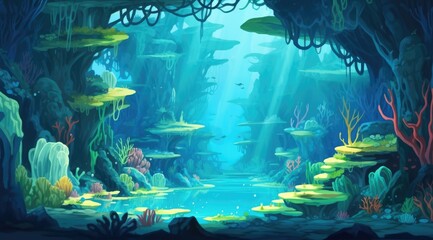 Elevated underwater coral canopy in a vibrant marine scene