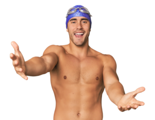 Young Hispanic man with swim gear feels confident giving a hug to the camera.