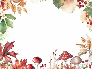 Painted autumn frame with leaves, mushrooms, berries. White background.