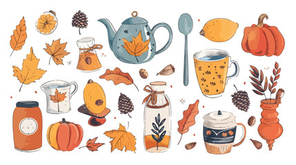 Autumn hygge doodle cozy things tea cup teapot tea background