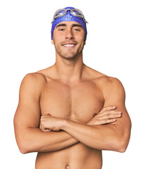 Young Hispanic man with swim gear who feels confident, crossing arms with determination.